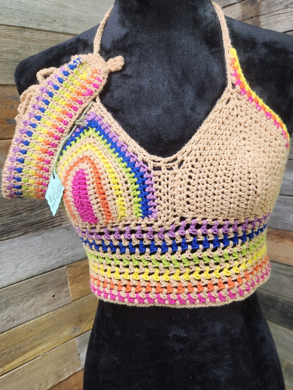 Crochet Halter Crop Top and Matching Headband in Beige with Neon Rainbow Accents